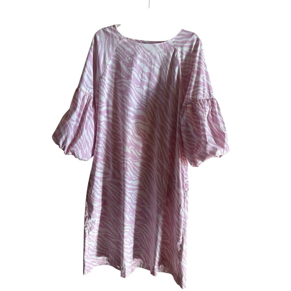 Chico's Pink Zebra Print Chico's Size 3 Extra Large Puff Sleeve Shift Midi Dress